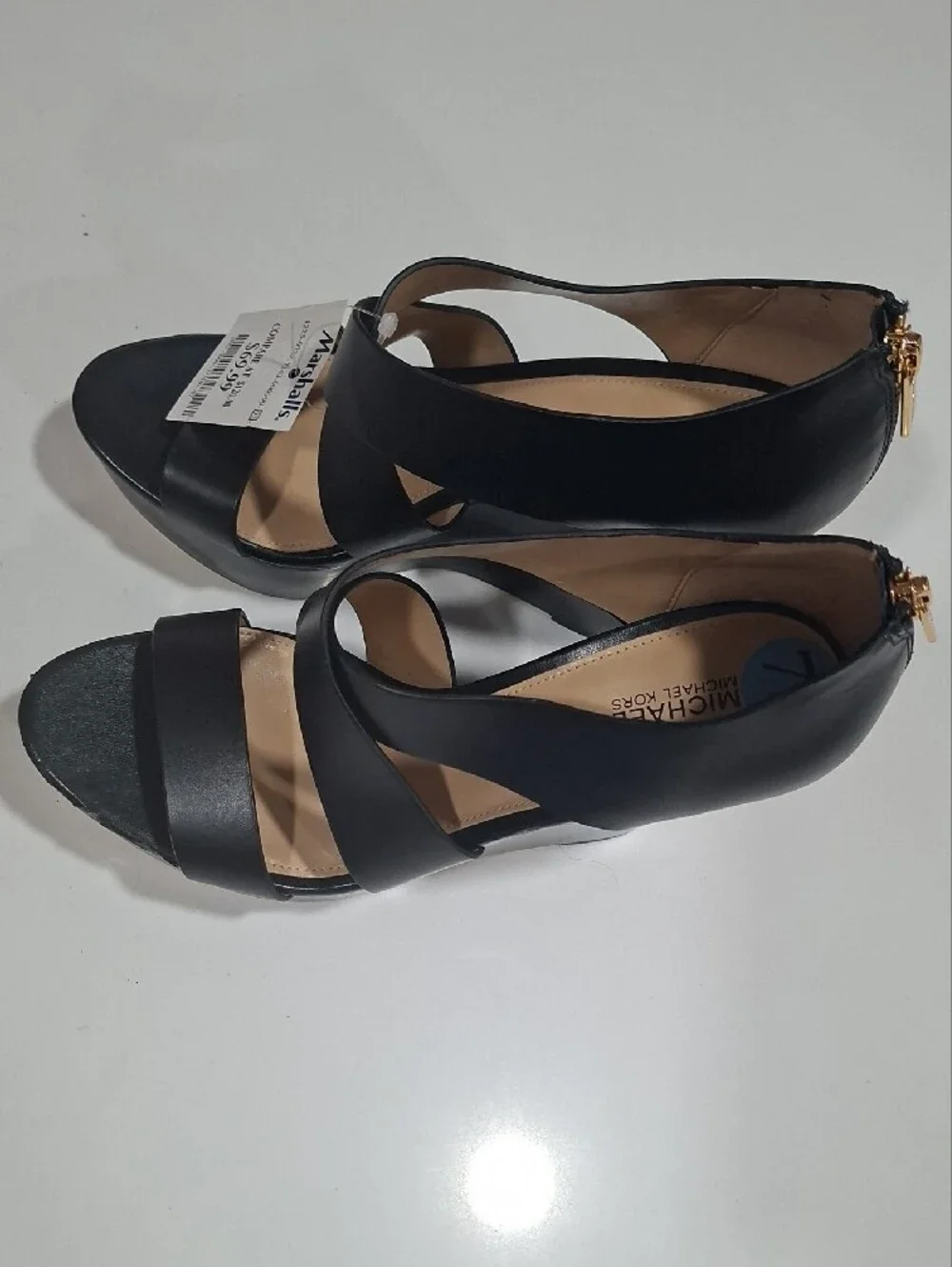 Michael Kors Black Strappy Heel Wedge Heel Sandals with Back Zip